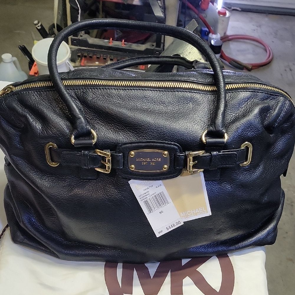 NWT Michael Kors Hamilton Weekender Black Leather Shoulder Bag with Gold Accents